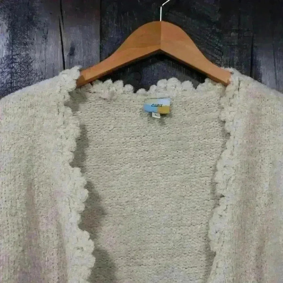 CHENILLE Knit Crochet Creme Super Soft Elegant Boho Cardigan Sweater Women Large - Picture 8 of 9